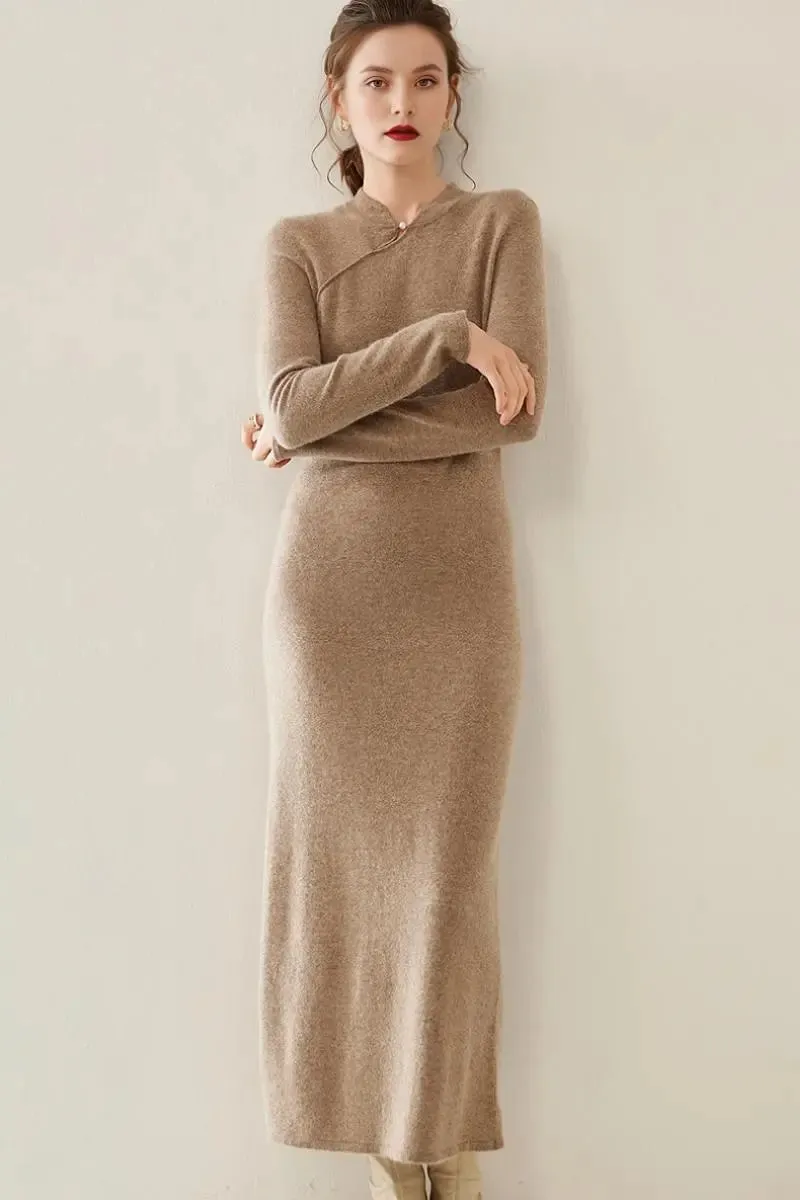 100 Cashmere Midi Sweater Dress with Mandarin-inspired Collar