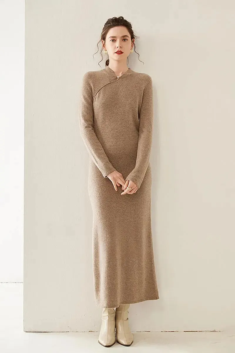 100 Cashmere Midi Sweater Dress with Mandarin-inspired Collar