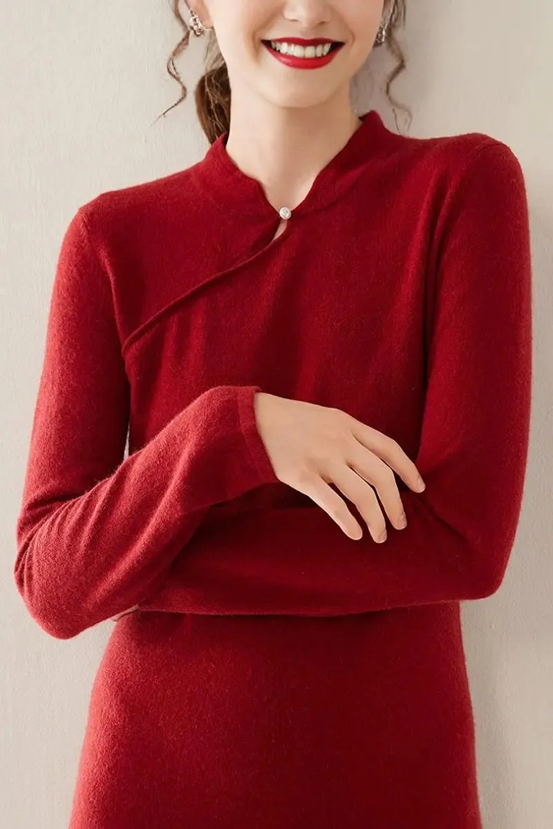 100 Cashmere Midi Sweater Dress with Mandarin-inspired Collar