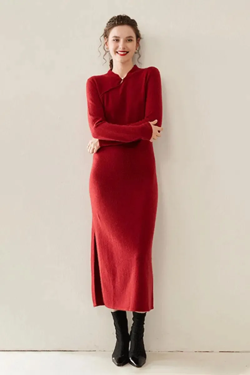 100 Cashmere Midi Sweater Dress with Mandarin-inspired Collar