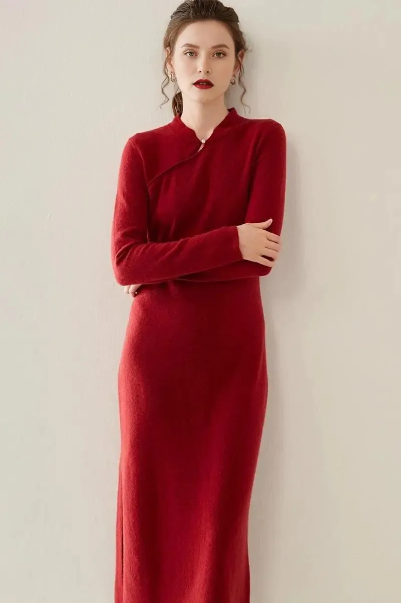 100 Cashmere Midi Sweater Dress with Mandarin-inspired Collar