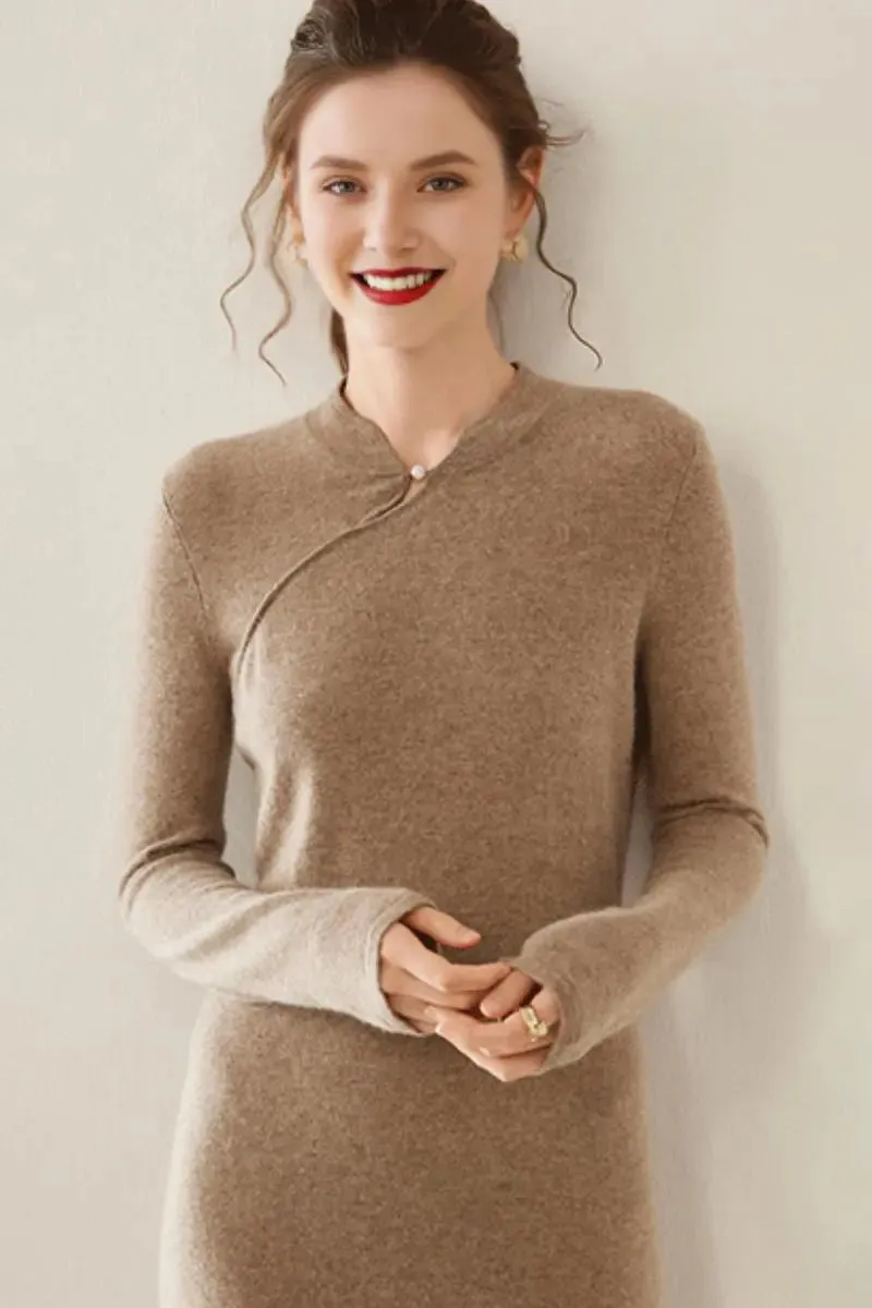 100 Cashmere Midi Sweater Dress with Mandarin-inspired Collar