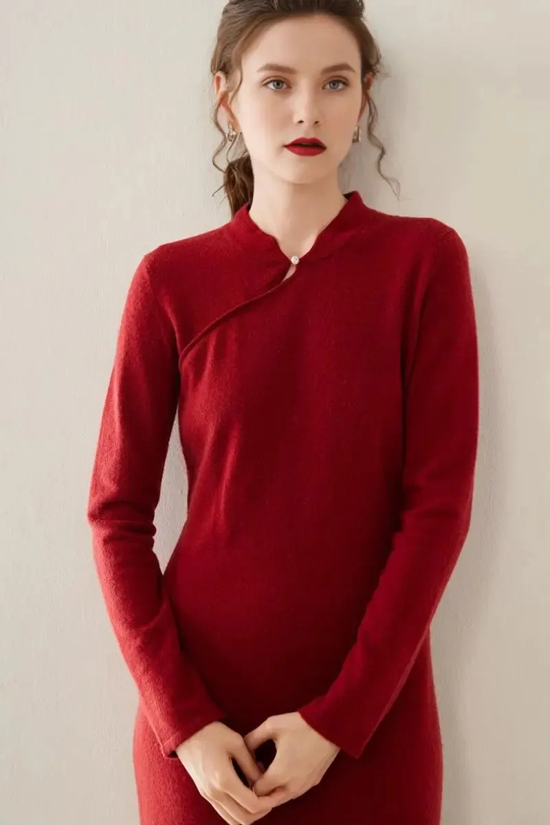 100 Cashmere Midi Sweater Dress with Mandarin-inspired Collar