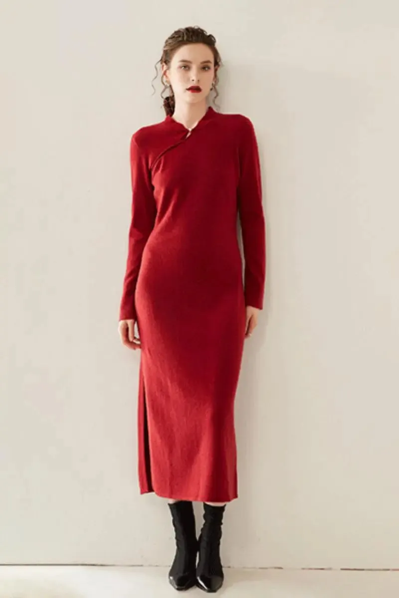 100 Cashmere Midi Sweater Dress with Mandarin-inspired Collar