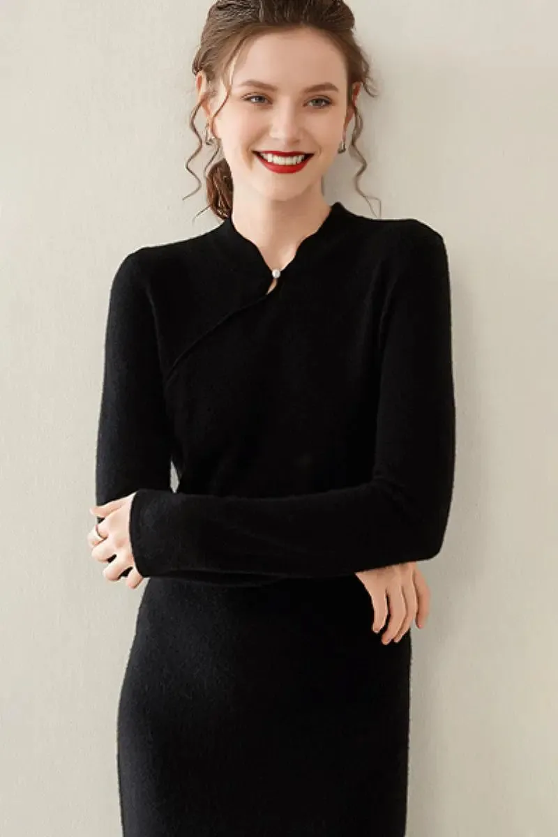 100 Cashmere Midi Sweater Dress with Mandarin-inspired Collar