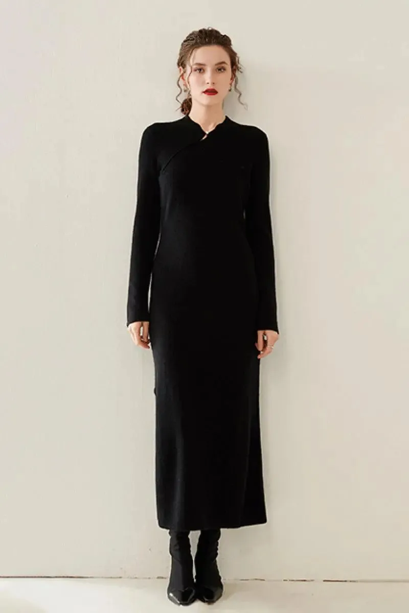 100 Cashmere Midi Sweater Dress with Mandarin-inspired Collar