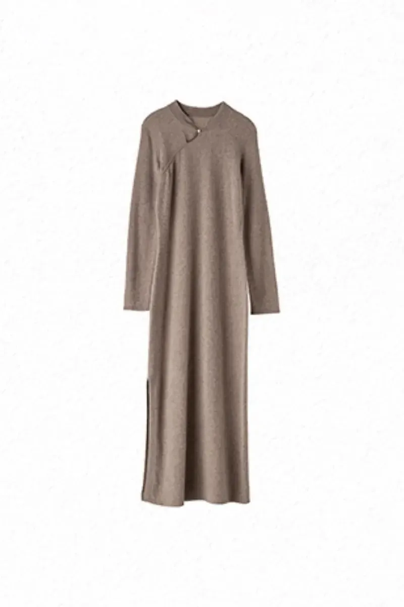 100 Cashmere Midi Sweater Dress with Mandarin-inspired Collar