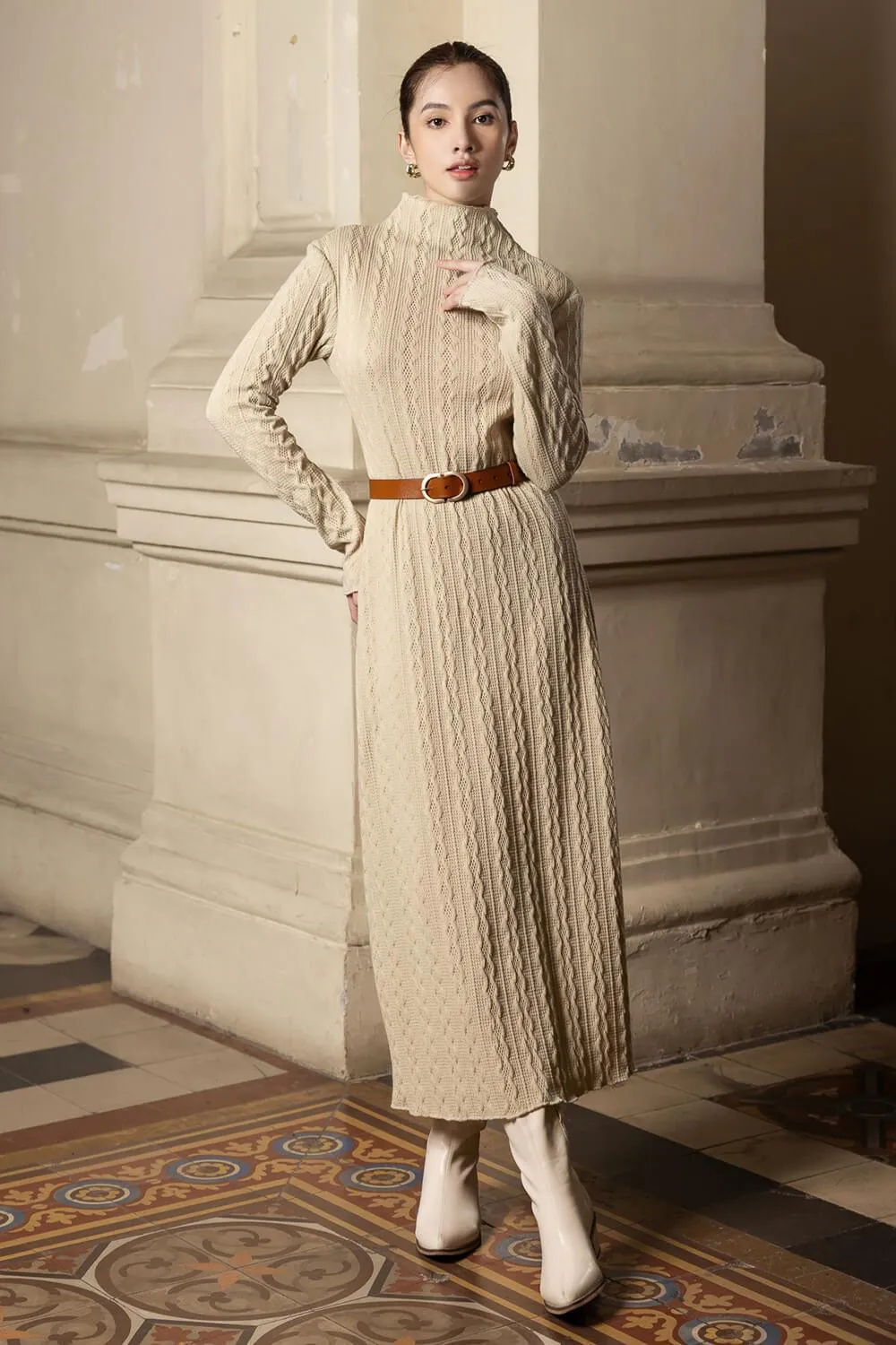 Adeline Straight Long Sleeved Knit Maxi Dress