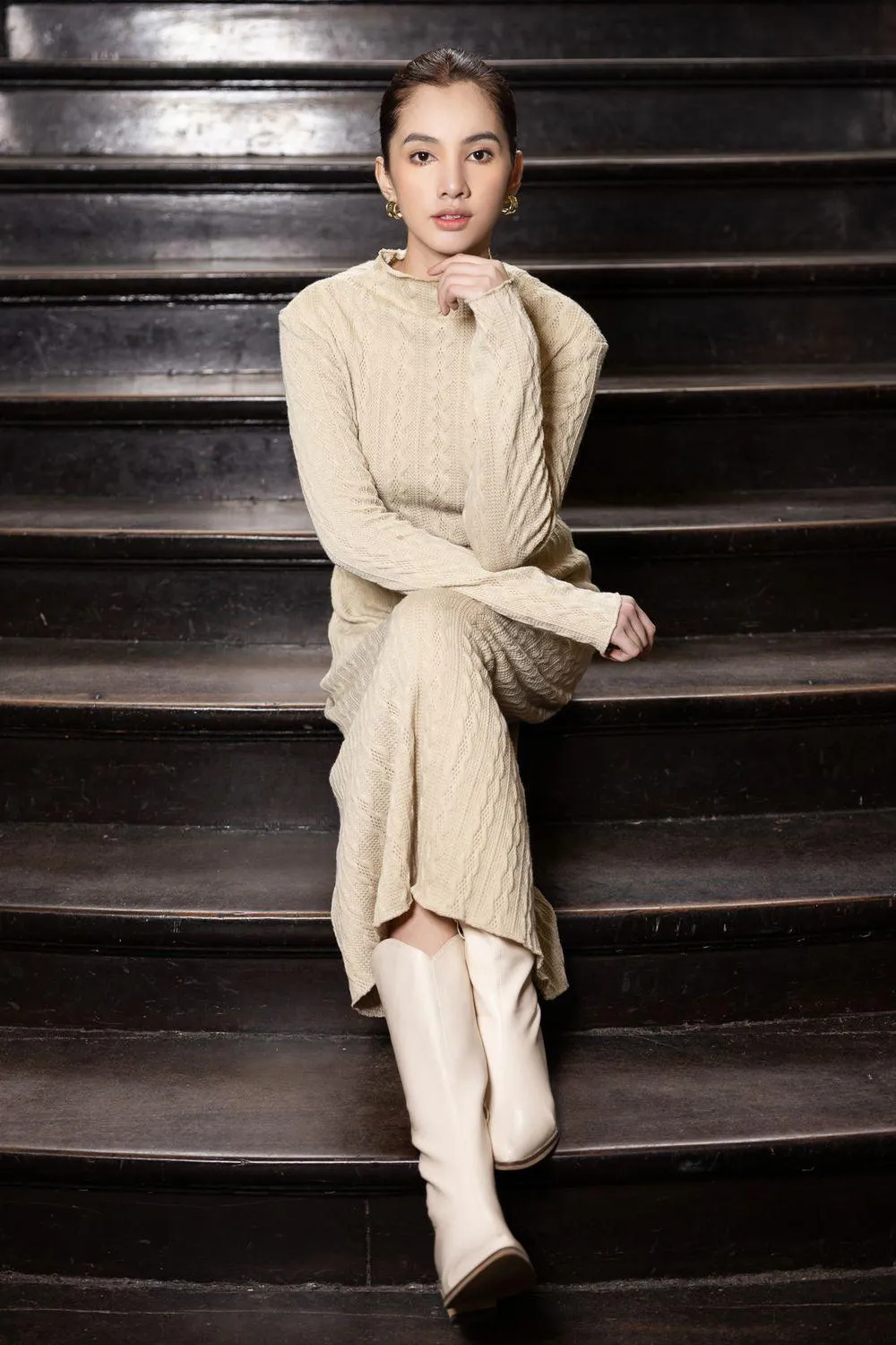 Adeline Straight Long Sleeved Knit Maxi Dress