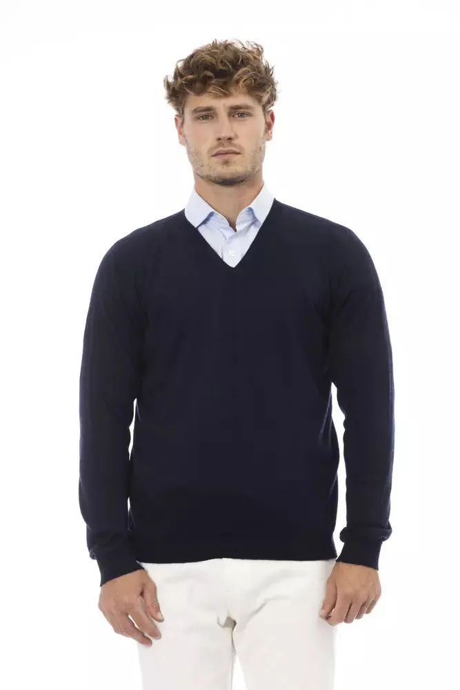 Alpha Studio Sumptuous V-Neck Blue Sweater for Elegant Evenings