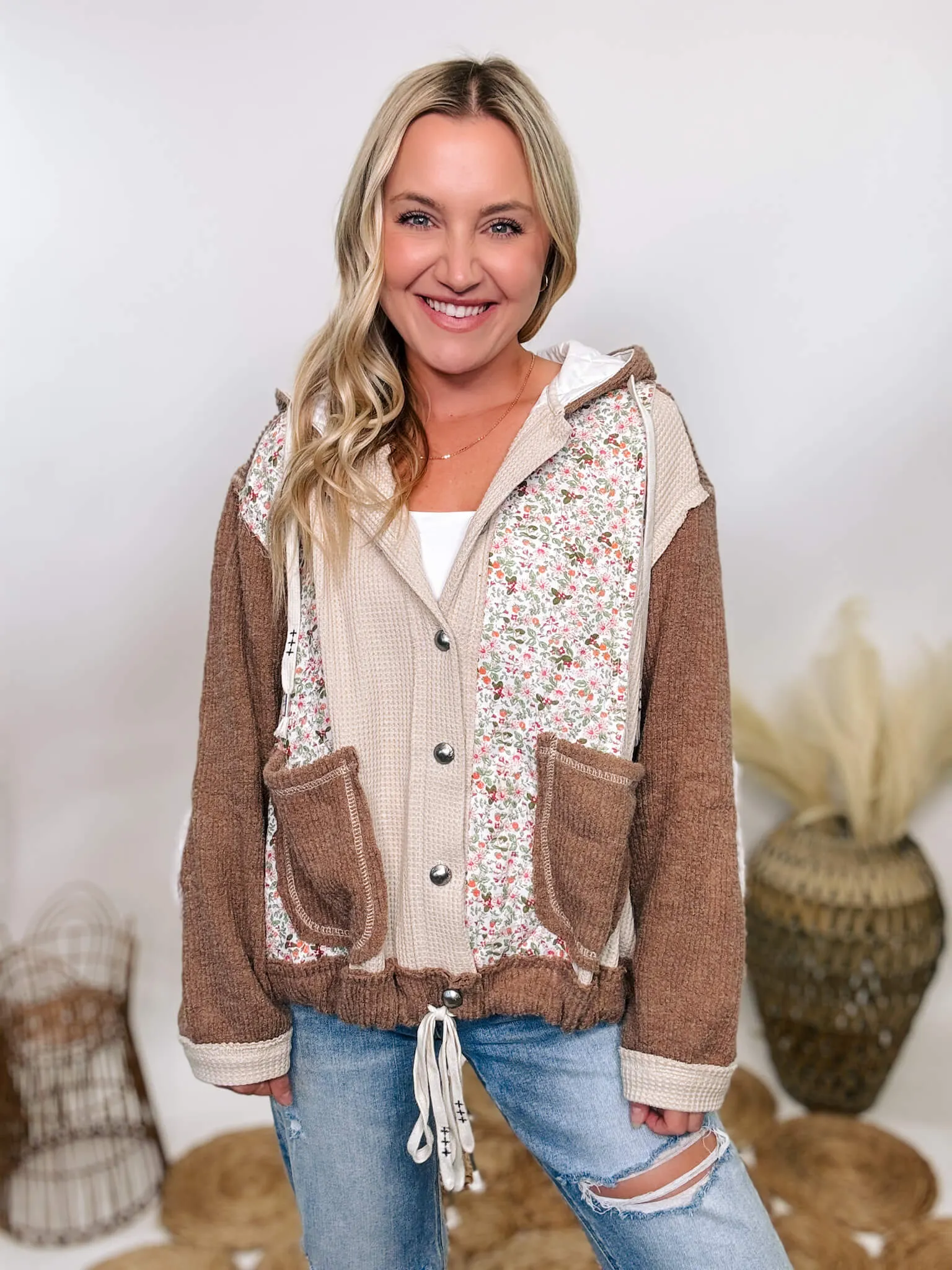 Boho Floral Oat Chocolate Quilted Patchwork Button Up Oversized Hoodie Jacket