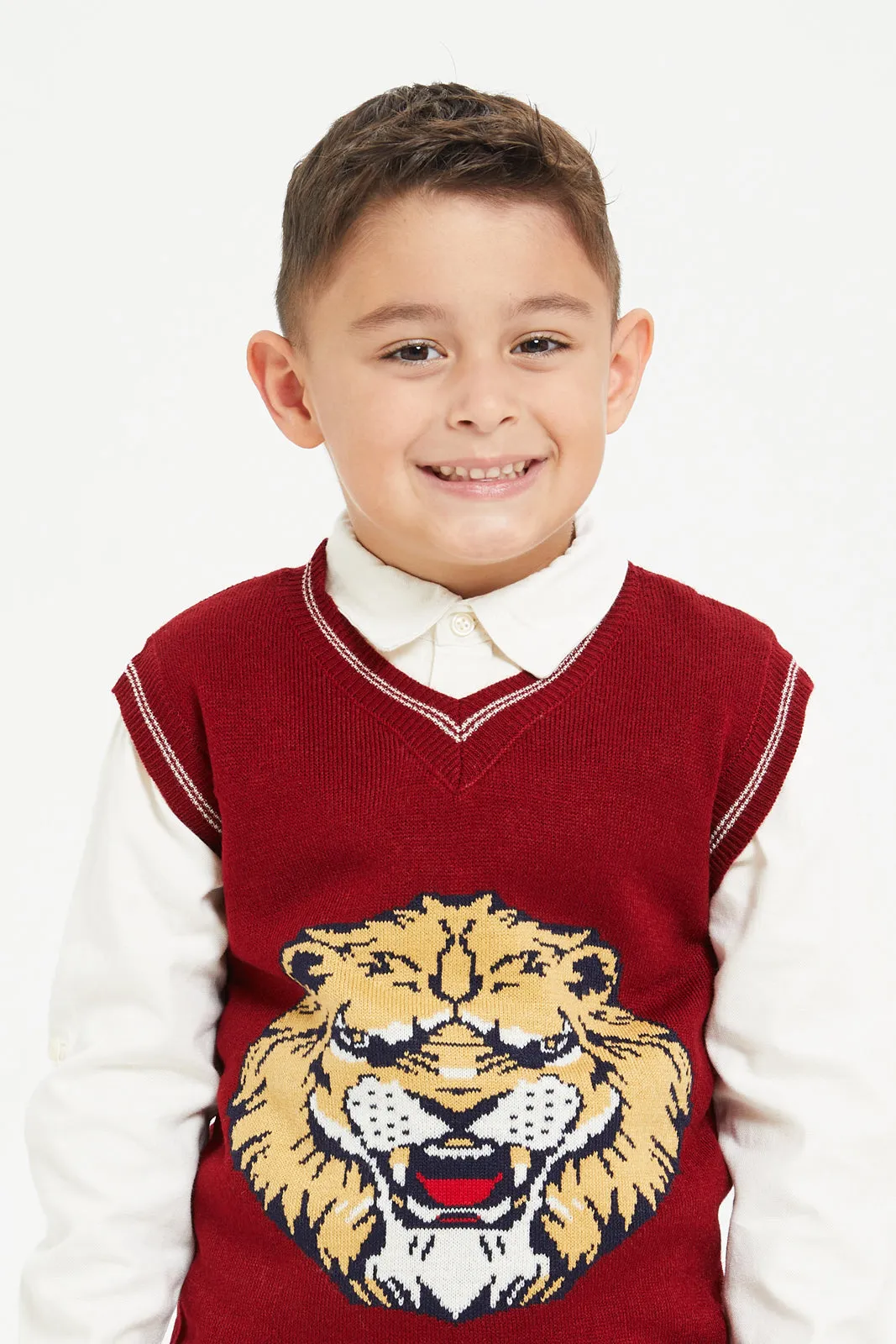 Boys Burgundy And White Shirt With Jumper Set (2 Piece)