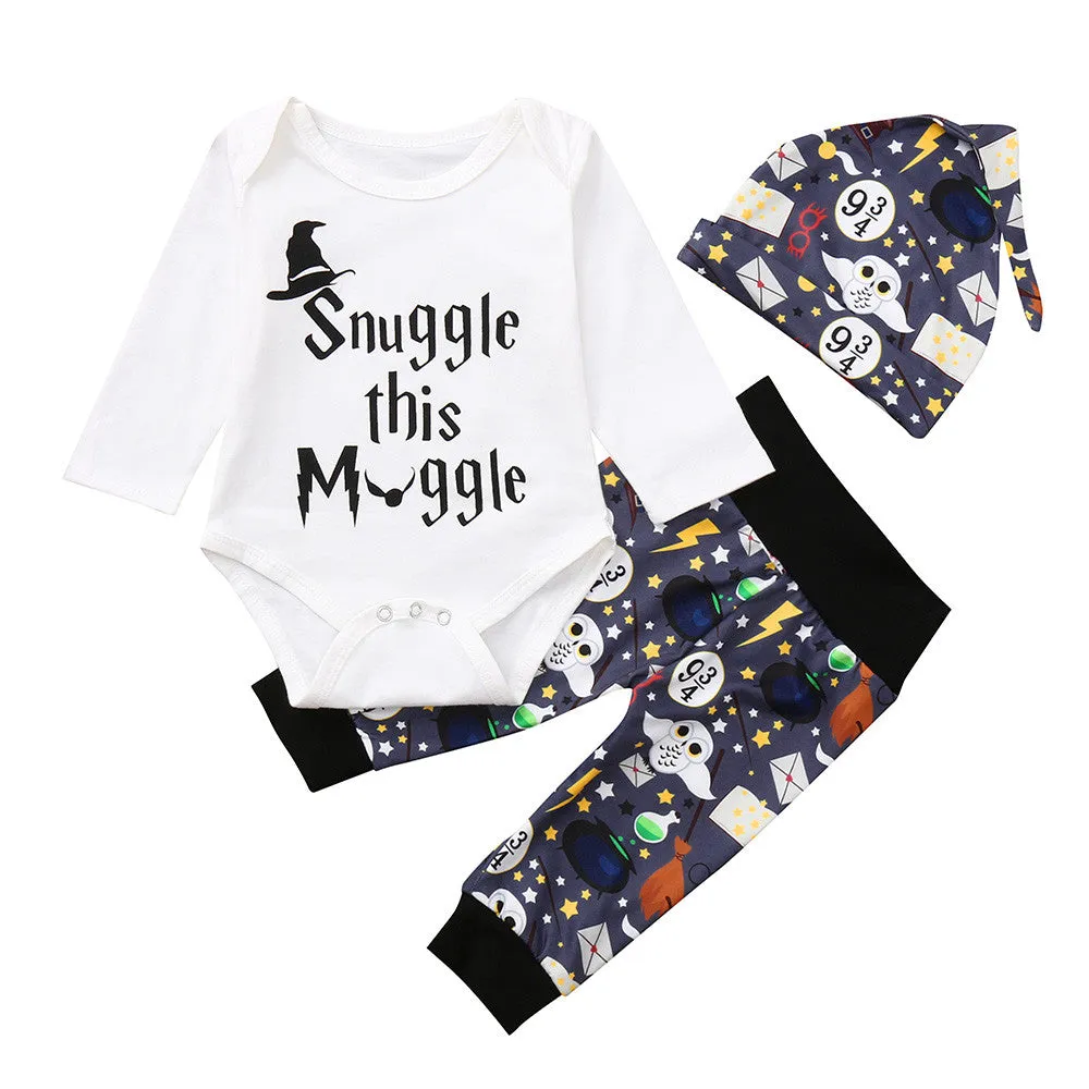 Clothing Sets girls Letter Rompers Cotton Tops Cartoon Pants Hat Outfits Set