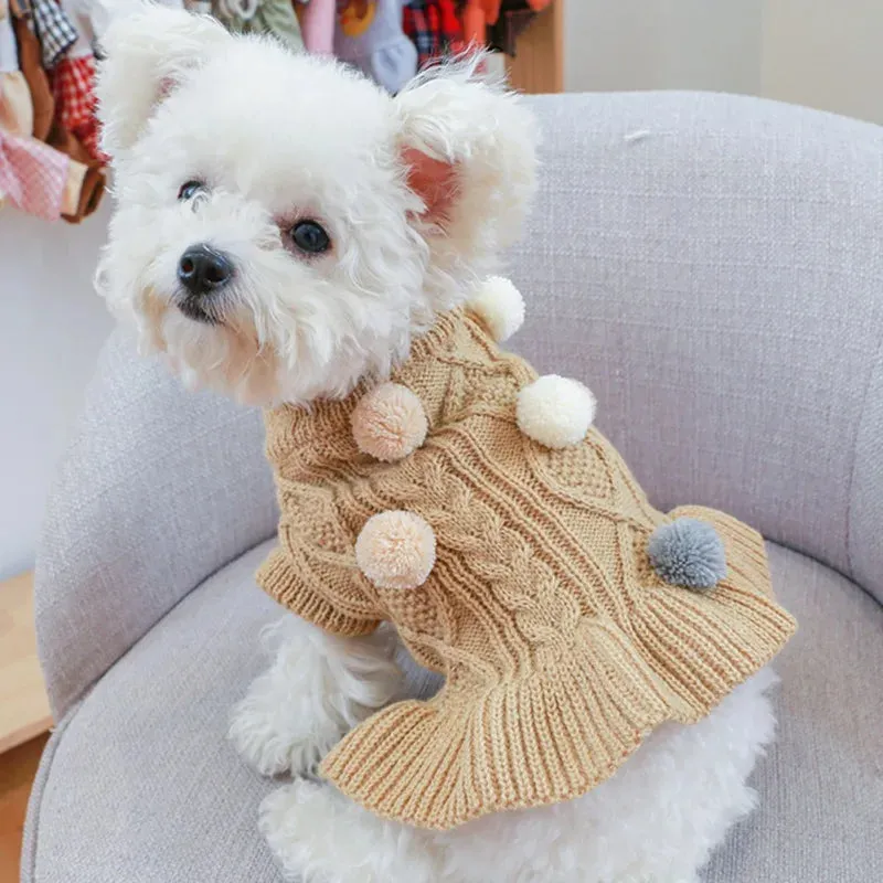 Cute Dog Sweater Dress With Bowtie Checkered Dog Clothes For Small Dogs Warm Ball Sweaters Skirt Dachshund Chihuahua Dresses