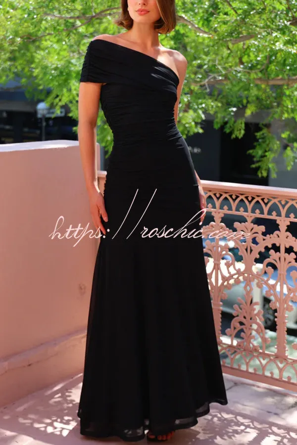 Effortless Elegance Mesh Off Shoulder Ruched Stretch Maxi Dress