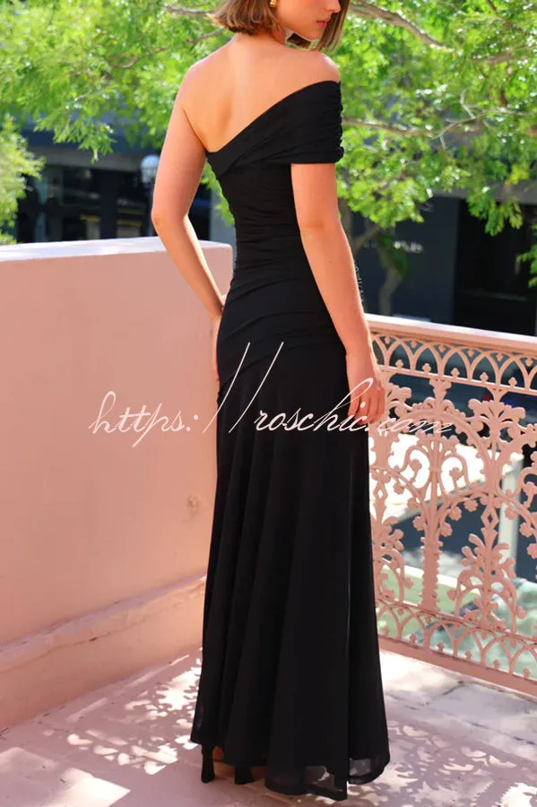 Effortless Elegance Mesh Off Shoulder Ruched Stretch Maxi Dress