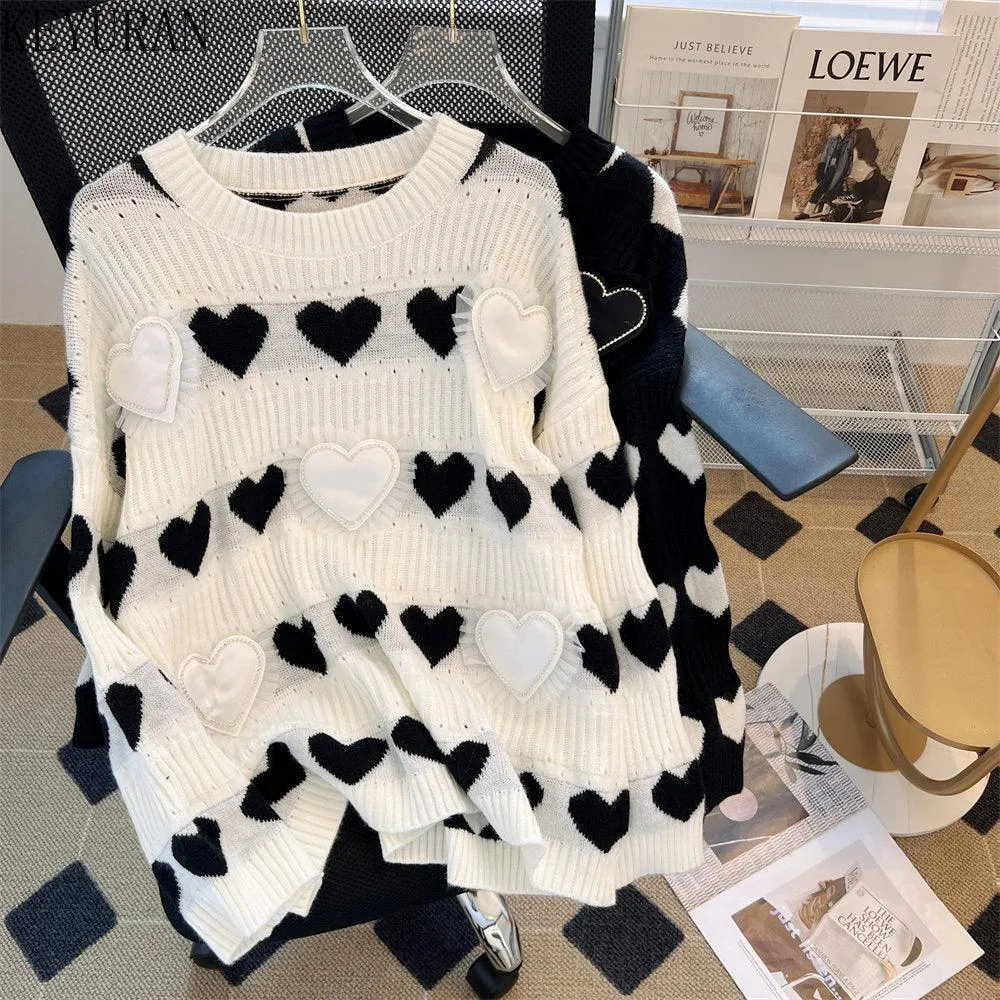 Elegant Heart Jacquard Knit Sweater - Luxury Edition with Ruffled Accents and Sparkling Details