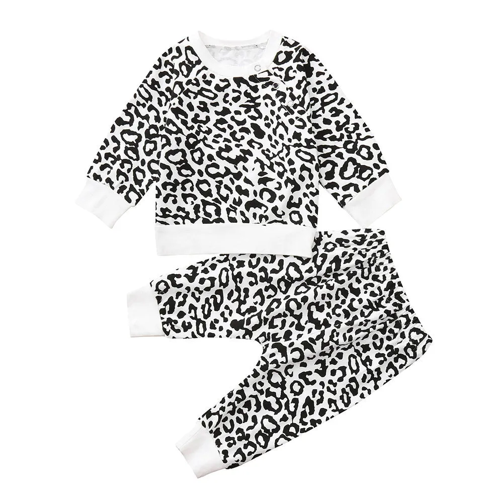 Girl Set  2PCs Leapord Print Tops T-shirt Pullover Sweatshirt Pants Clothes Set