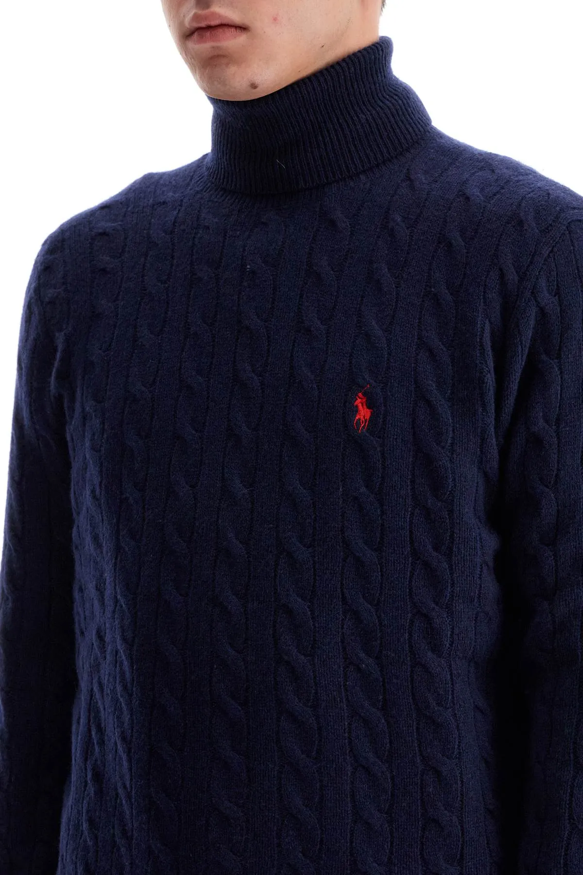 high-neck wool and cashmere cable-knit pullover sweater 710876836005 HUNTER NAVY