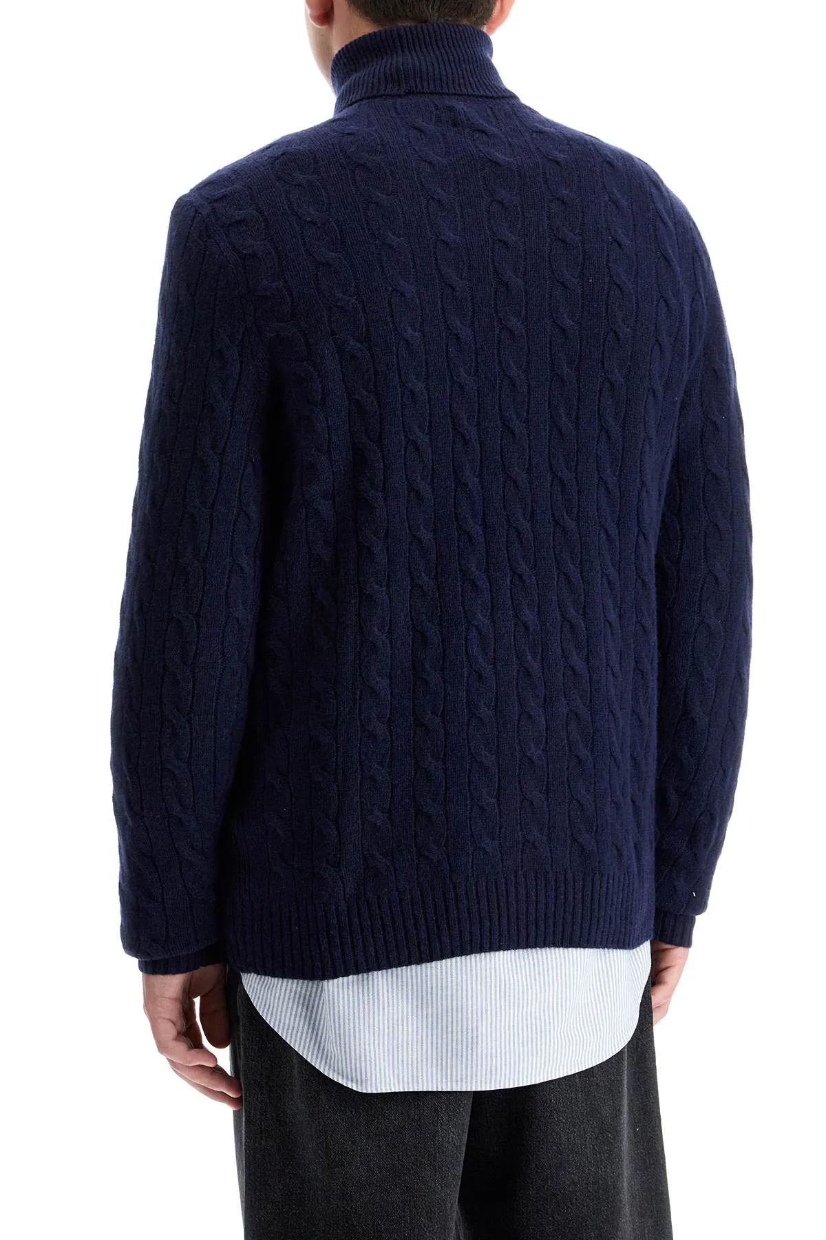 high-neck wool and cashmere cable-knit pullover sweater 710876836005 HUNTER NAVY