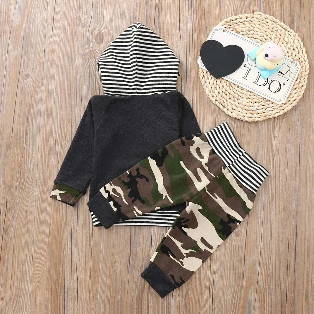 Hot sale Newborn Infant Baby Boy Camouflage Hoodie Striped T shirt Tops Pants Set Clothes