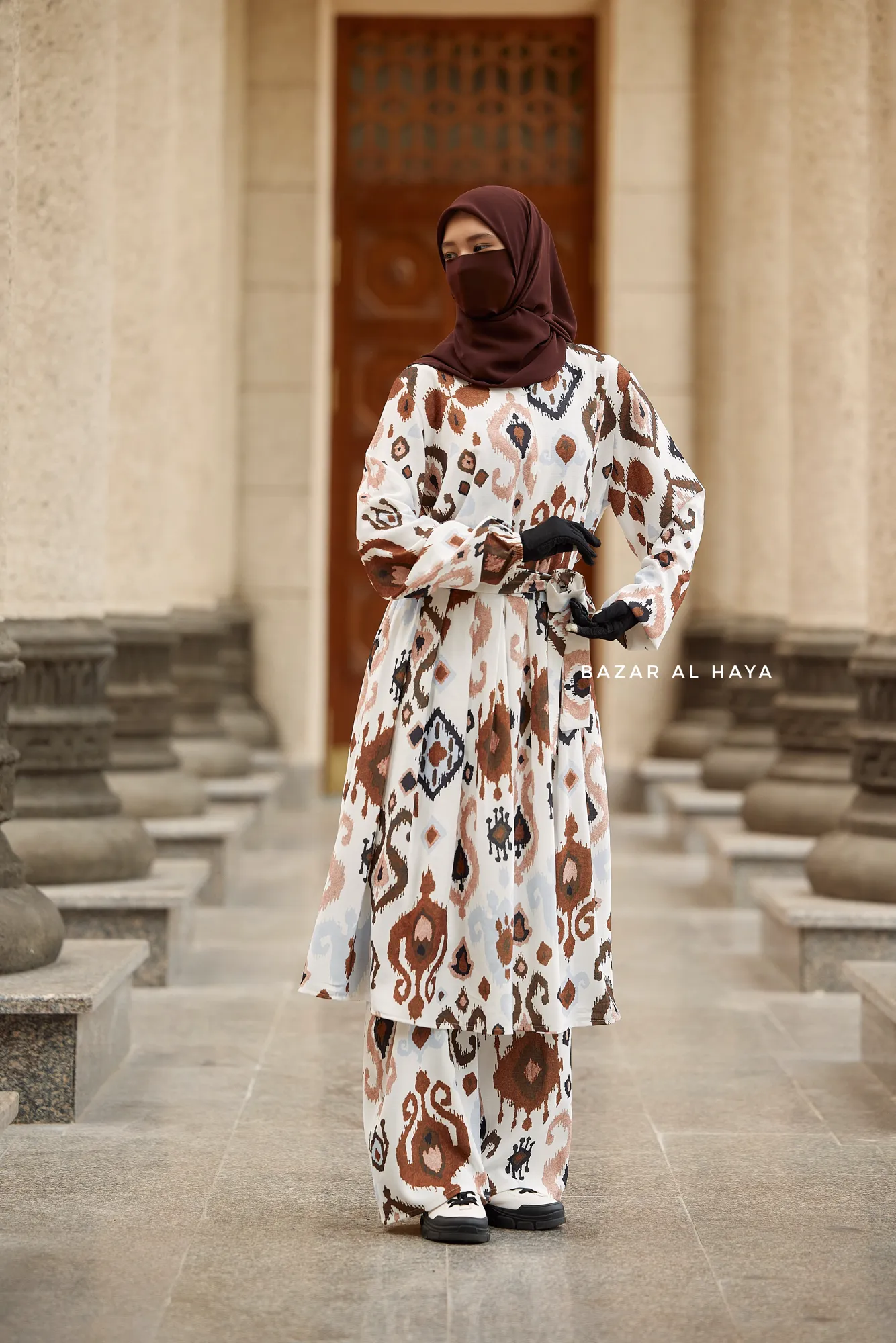 Inaya Brown & White Print Three Piece Top Dress & Wide Pants Set With Belt