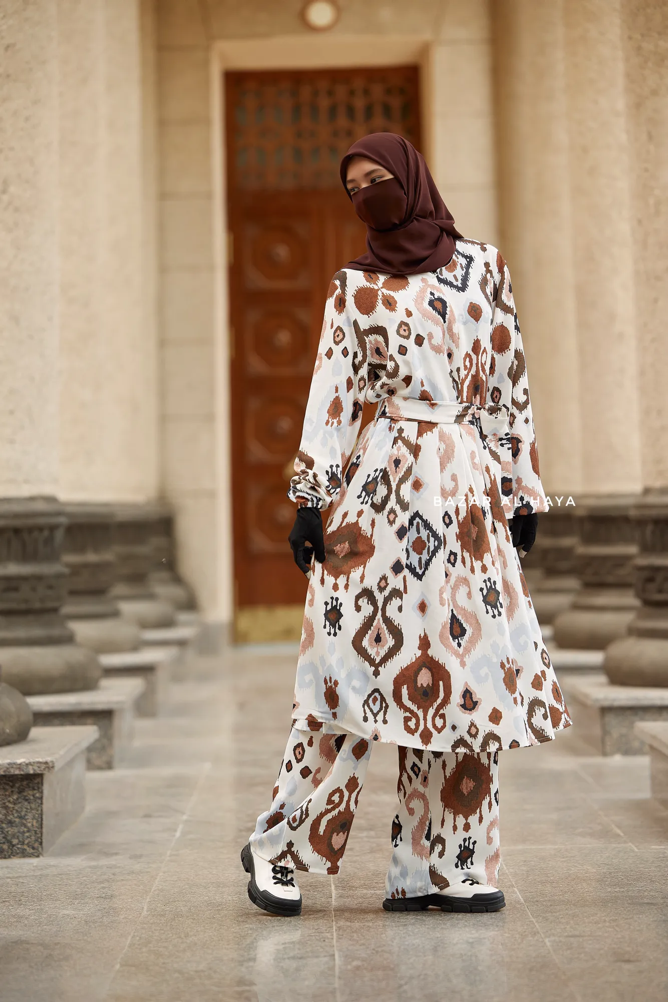 Inaya Brown & White Print Three Piece Top Dress & Wide Pants Set With Belt