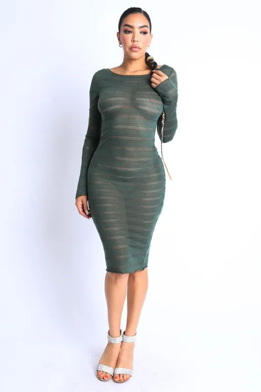 Ivy Open Back Sheer Knit Midi Coverup Dress - Olive