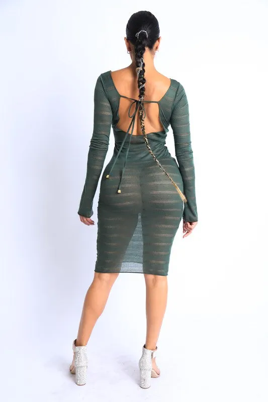 Ivy Open Back Sheer Knit Midi Coverup Dress - Olive