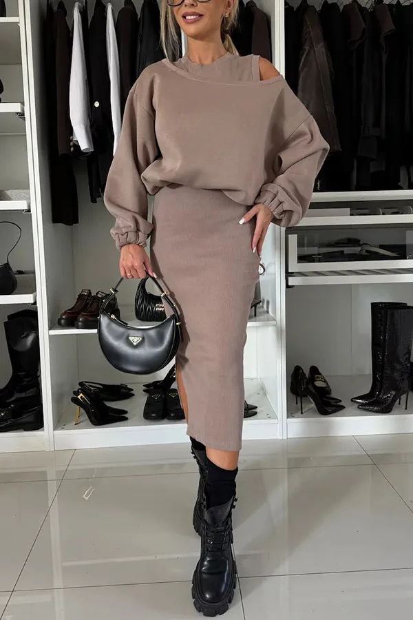 Lifestyle Wide Neck Relaxed Sweatshirt and Ribbed Tank Stretch Midi Dress Set