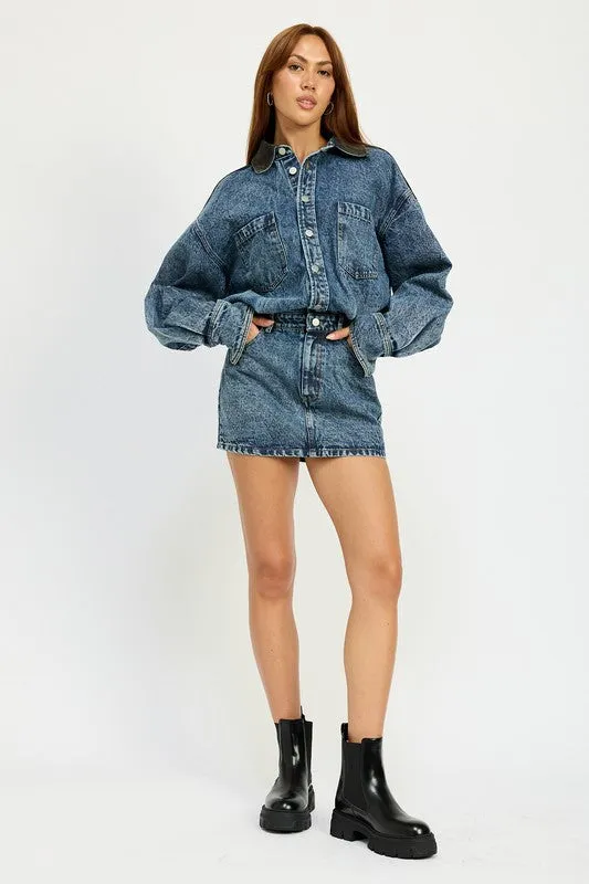 London Trends Denim Button-Up Casual Mini Dress