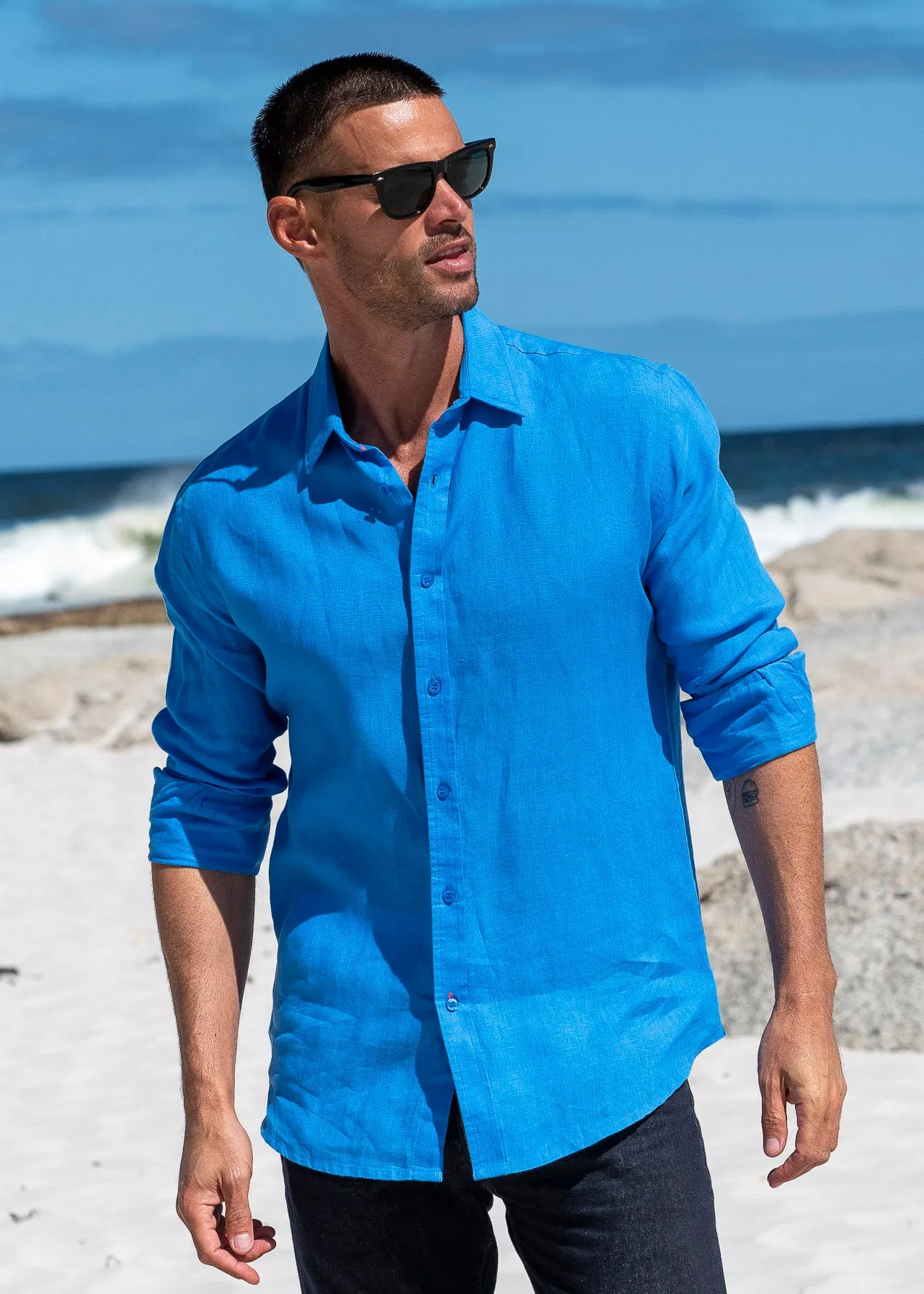 Mens' Ocean Blue Linen Shirt with Contrast Trim