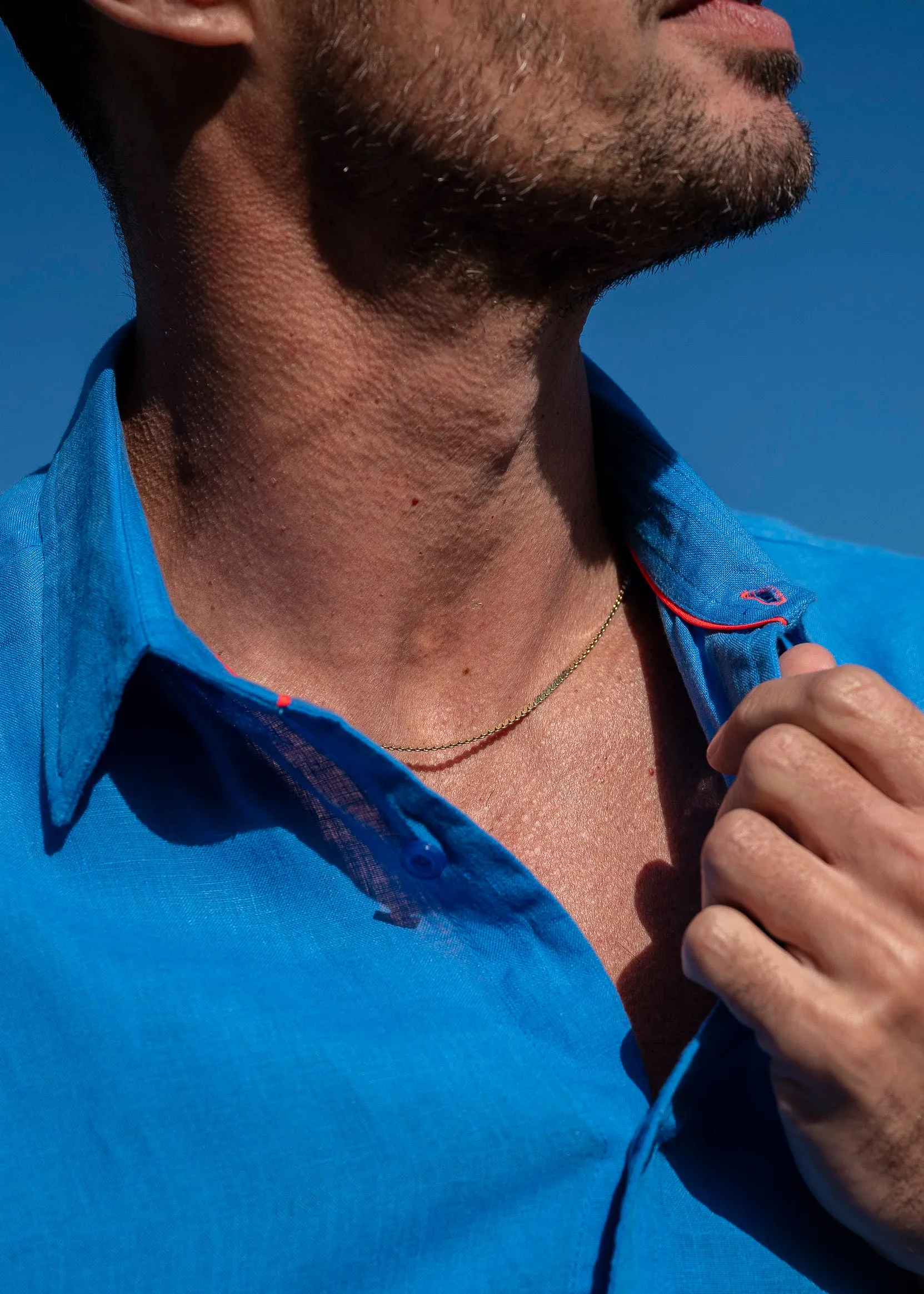 Mens' Ocean Blue Linen Shirt with Contrast Trim