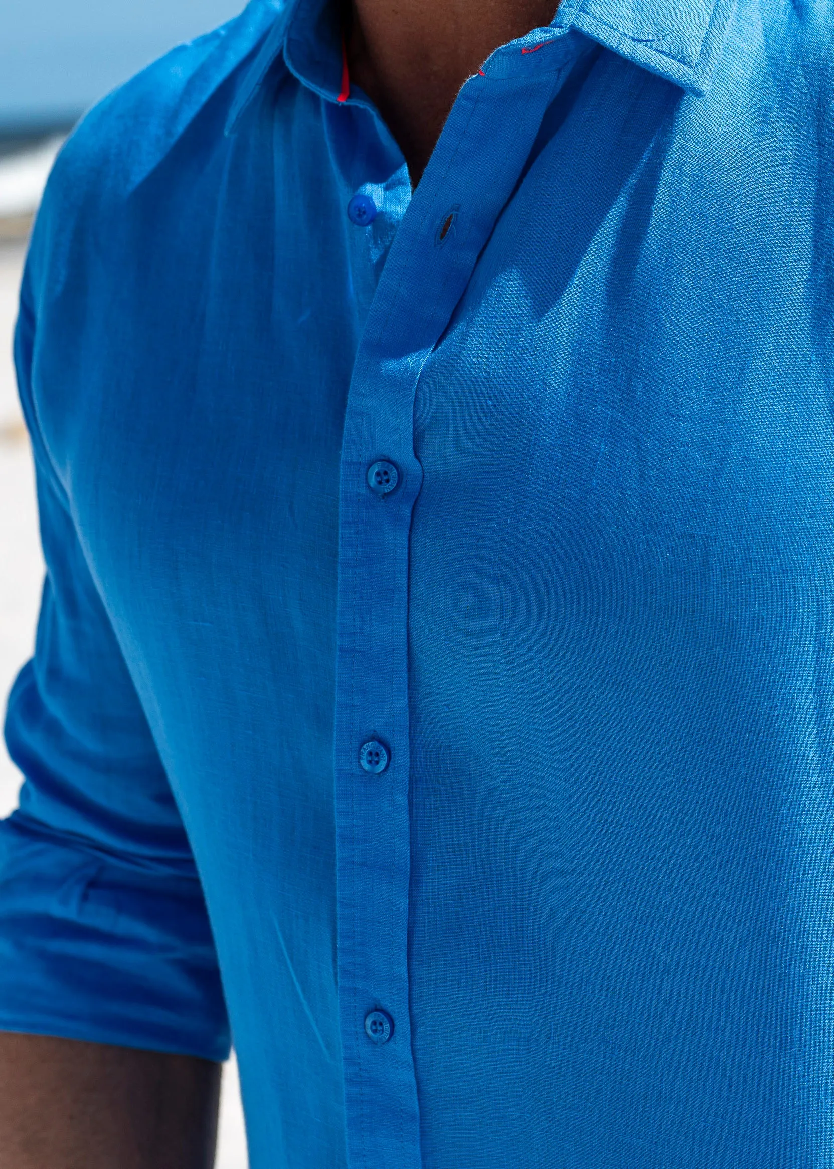 Mens' Ocean Blue Linen Shirt with Contrast Trim