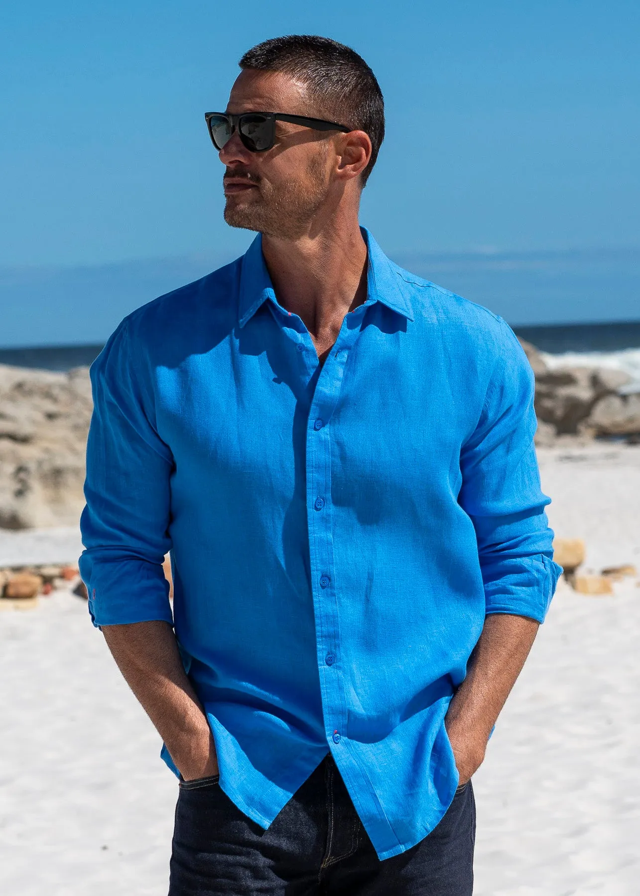 Mens' Ocean Blue Linen Shirt with Contrast Trim