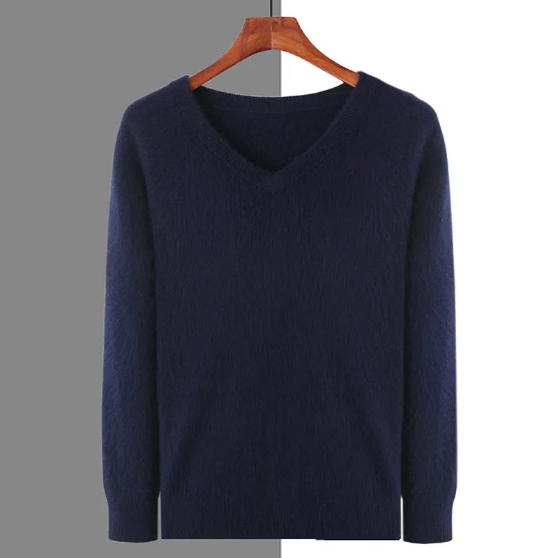 New Autumn Winter New Men's 100% Mink Cashmere Sweater V-Neck Knit Pullover