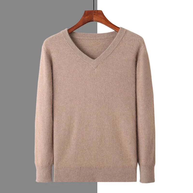 New Autumn Winter New Men's 100% Mink Cashmere Sweater V-Neck Knit Pullover