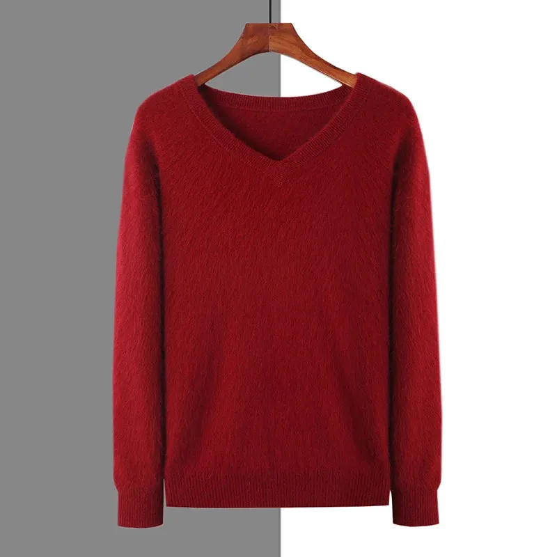 New Autumn Winter New Men's 100% Mink Cashmere Sweater V-Neck Knit Pullover