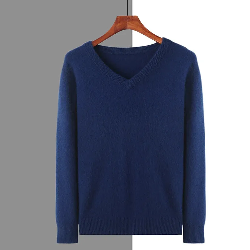 New Autumn Winter New Men's 100% Mink Cashmere Sweater V-Neck Knit Pullover