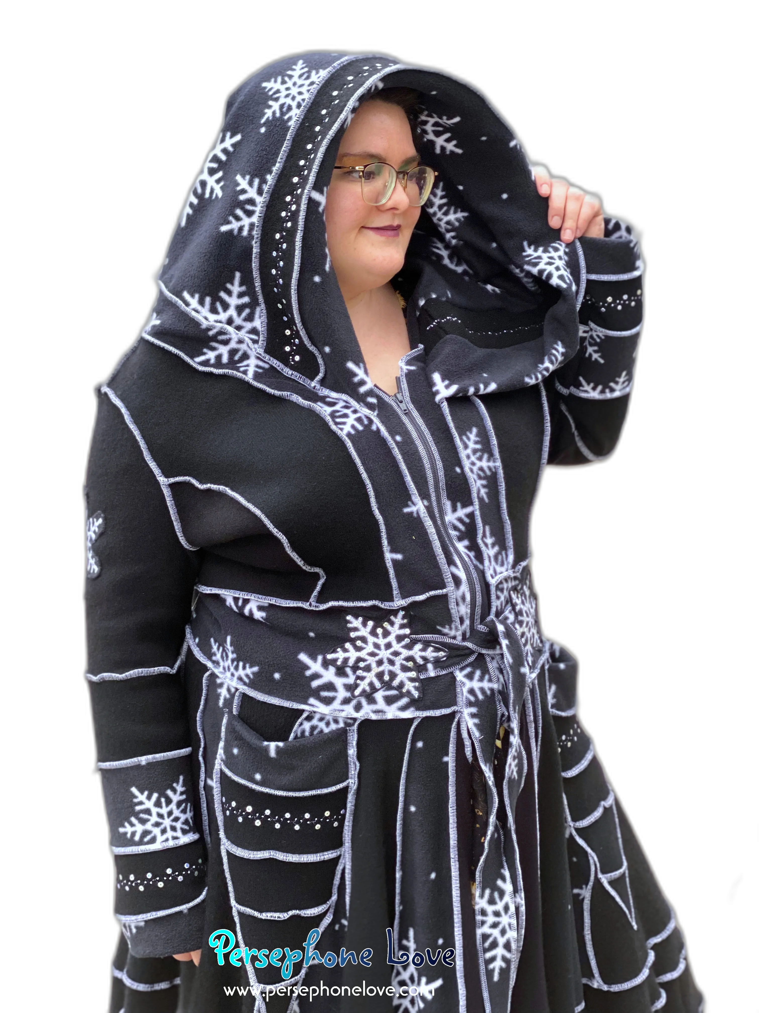 "Midnight" GODDESS SIZE Black/white snowflake embroidered/felted/sequins cashmere patchwork Katwise-inspired sweatercoat-2543