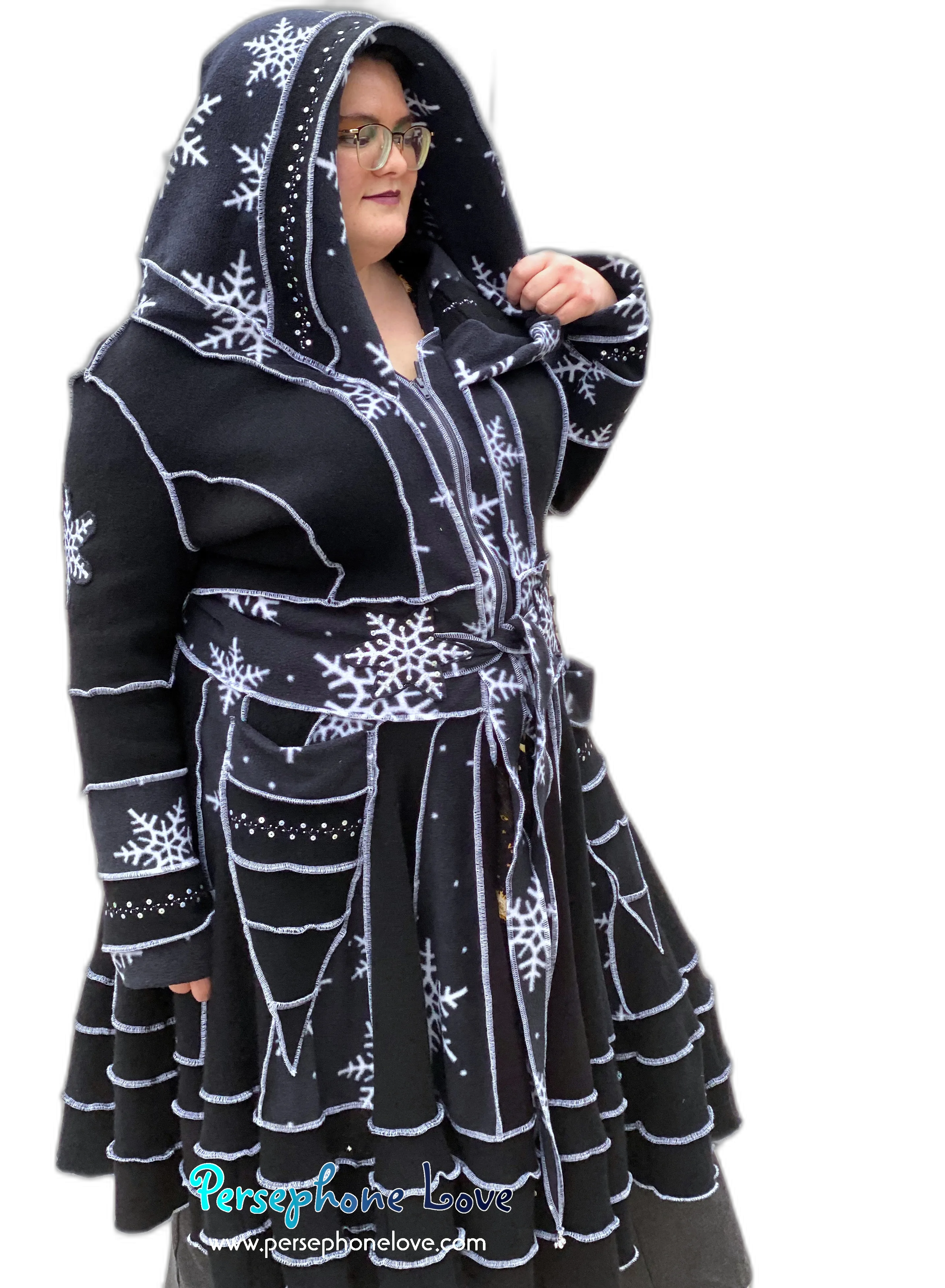 "Midnight" GODDESS SIZE Black/white snowflake embroidered/felted/sequins cashmere patchwork Katwise-inspired sweatercoat-2543