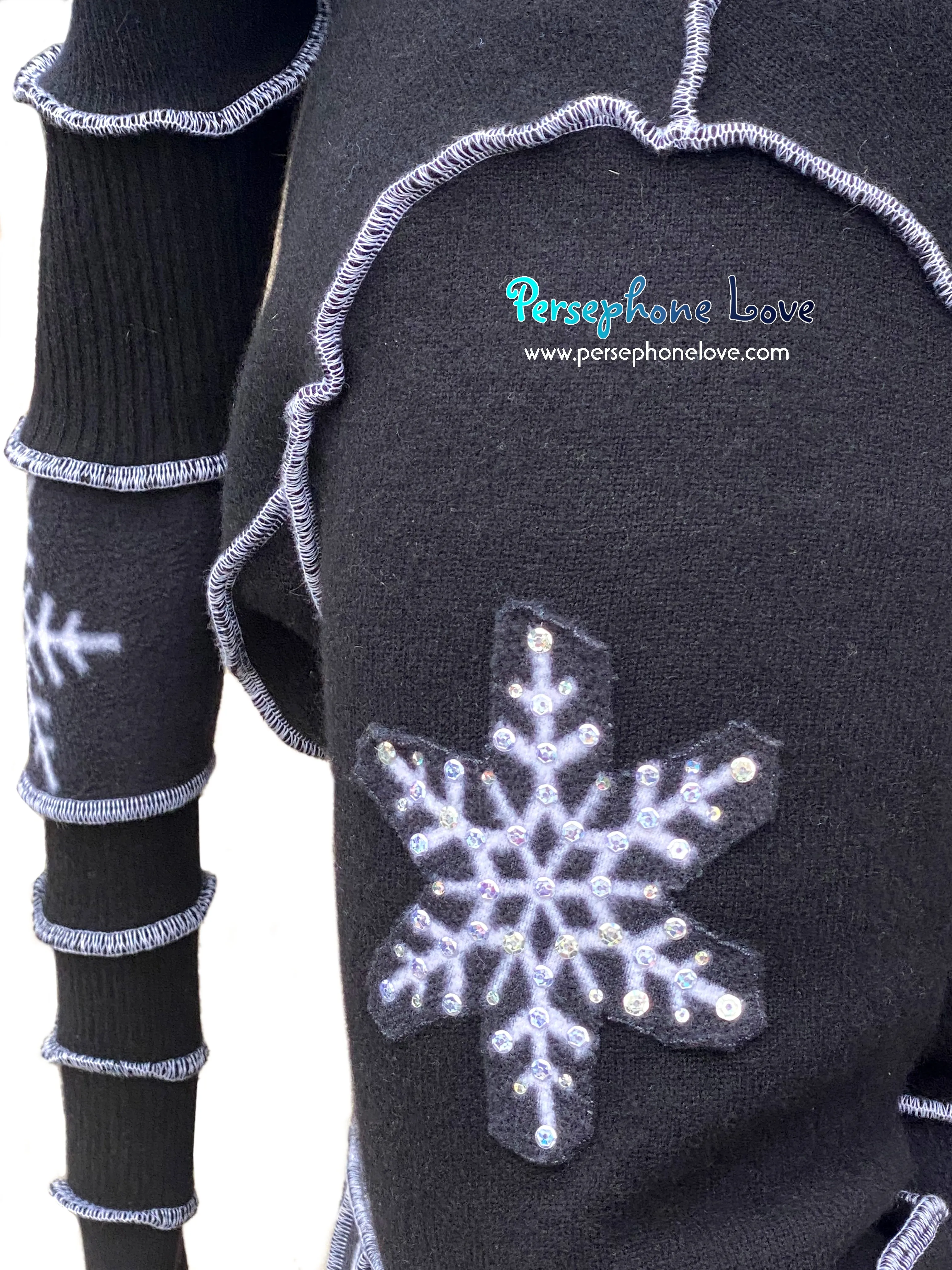 "Midnight" GODDESS SIZE Black/white snowflake embroidered/felted/sequins cashmere patchwork Katwise-inspired sweatercoat-2543