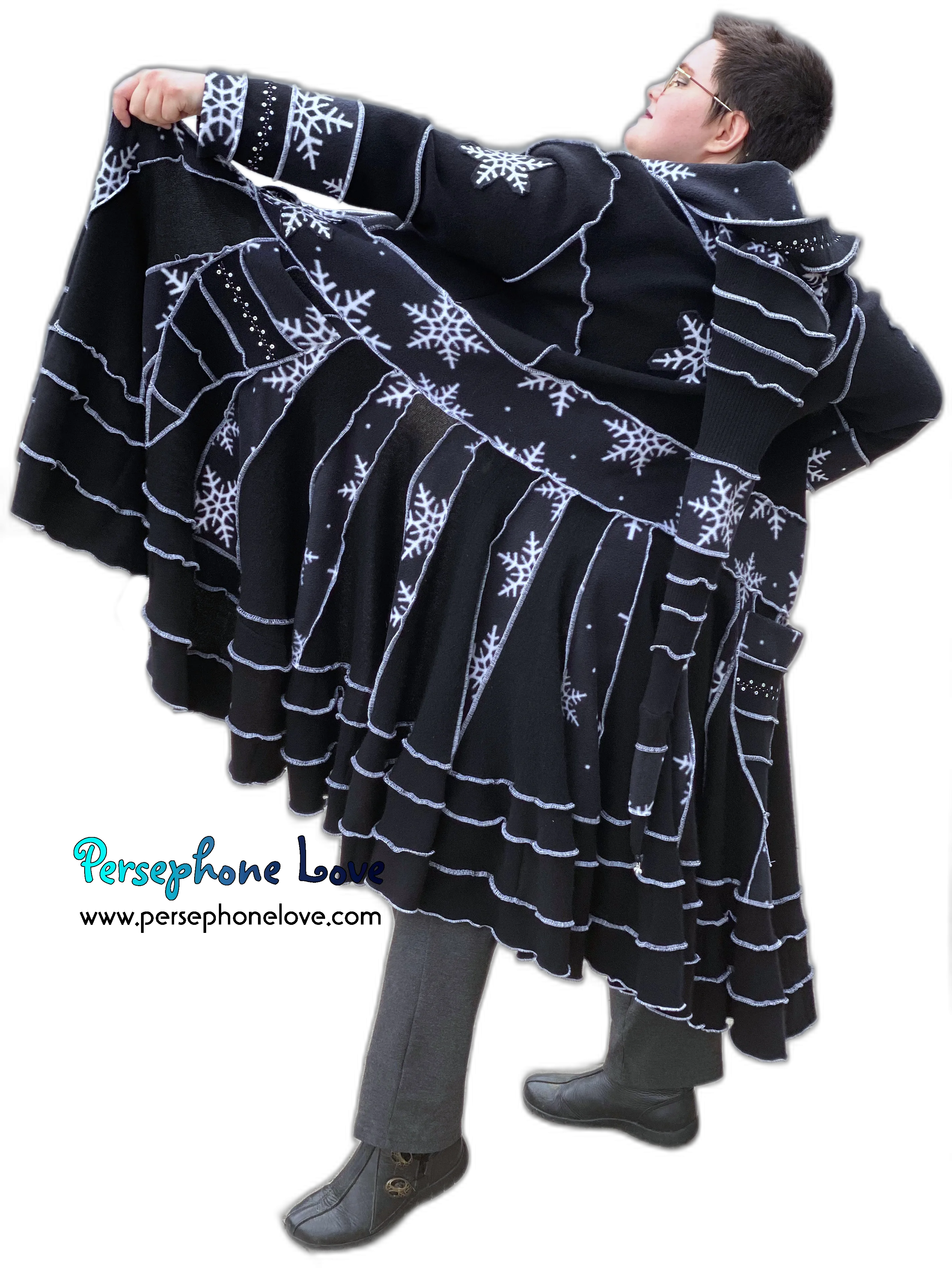 "Midnight" GODDESS SIZE Black/white snowflake embroidered/felted/sequins cashmere patchwork Katwise-inspired sweatercoat-2543