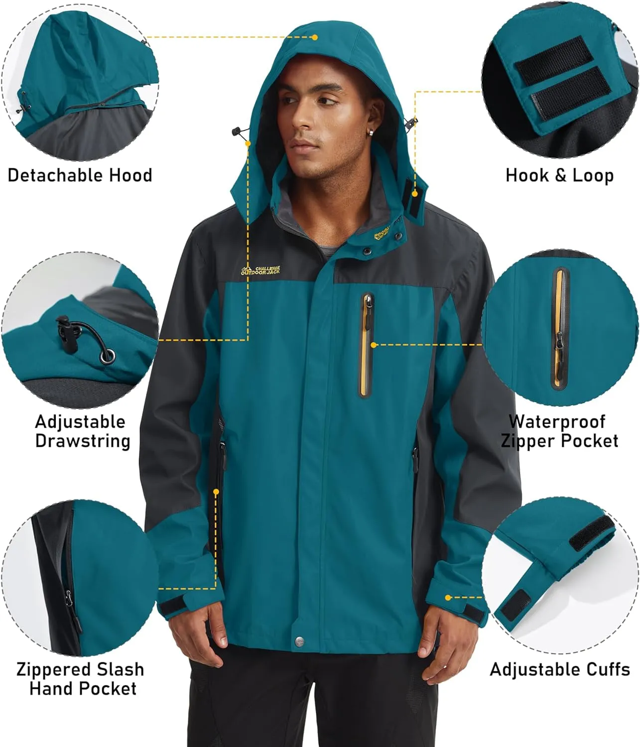 "Premium Outdoor Performance: Men's Hooded Windproof Rain Jacket - Ensuring Optimal Dryness and Protection for Hiking, Fishing, and Running with Multiple Pockets!"