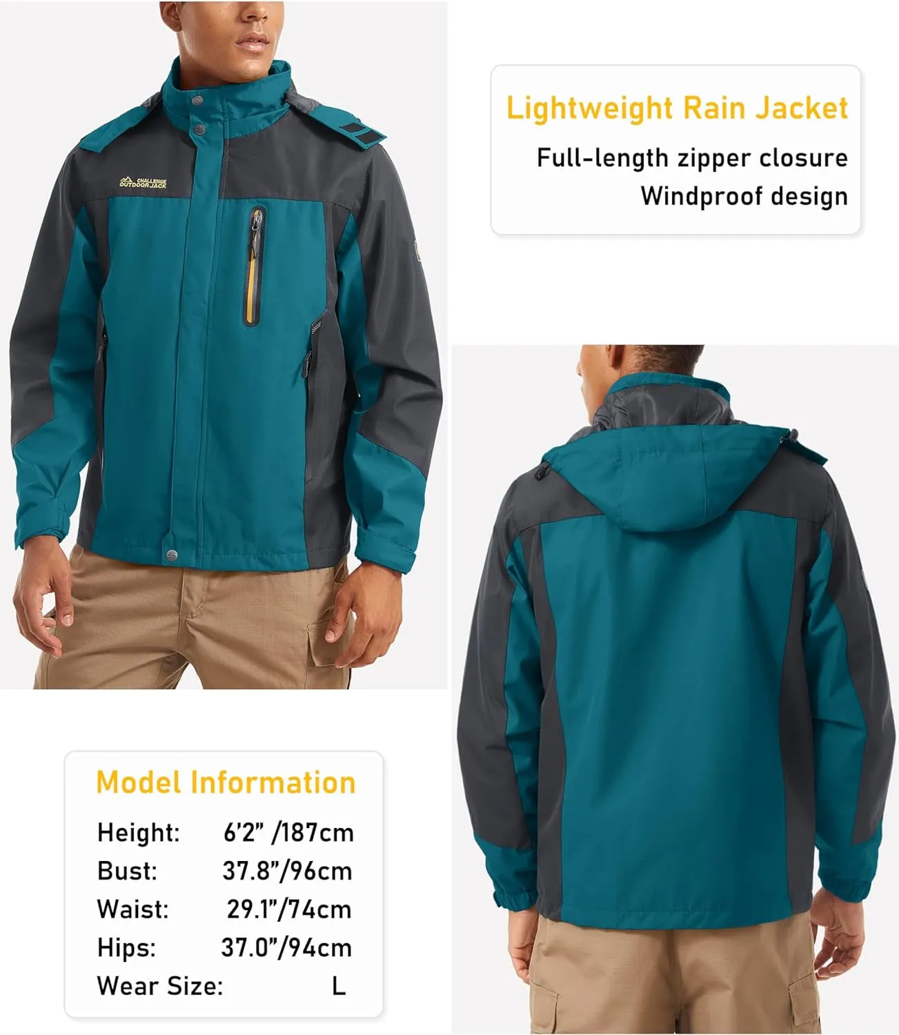 "Premium Outdoor Performance: Men's Hooded Windproof Rain Jacket - Ensuring Optimal Dryness and Protection for Hiking, Fishing, and Running with Multiple Pockets!"