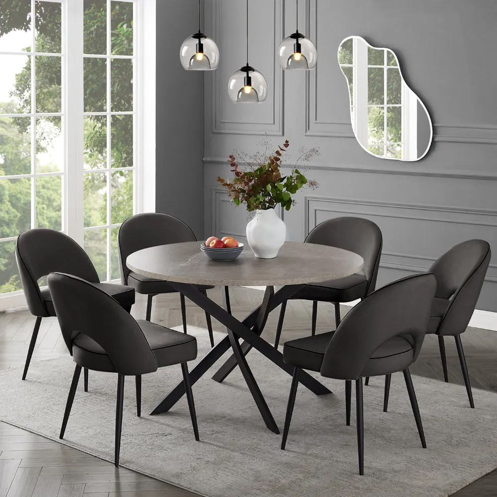 Rocco Concrete Effect Dining Table & 6 Tiago Chairs, Grey Velvet