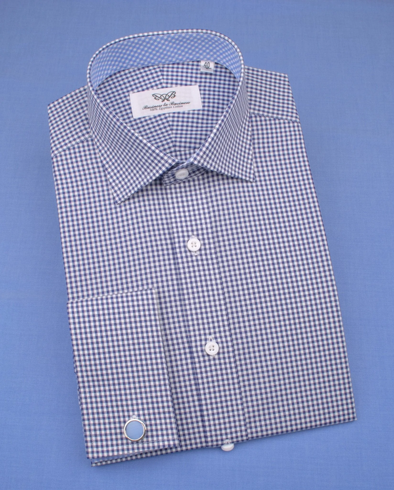 Small Mini Navy Blue Gingham Check Formal Business Dress Shirt with Light Checkered Inner-Lining