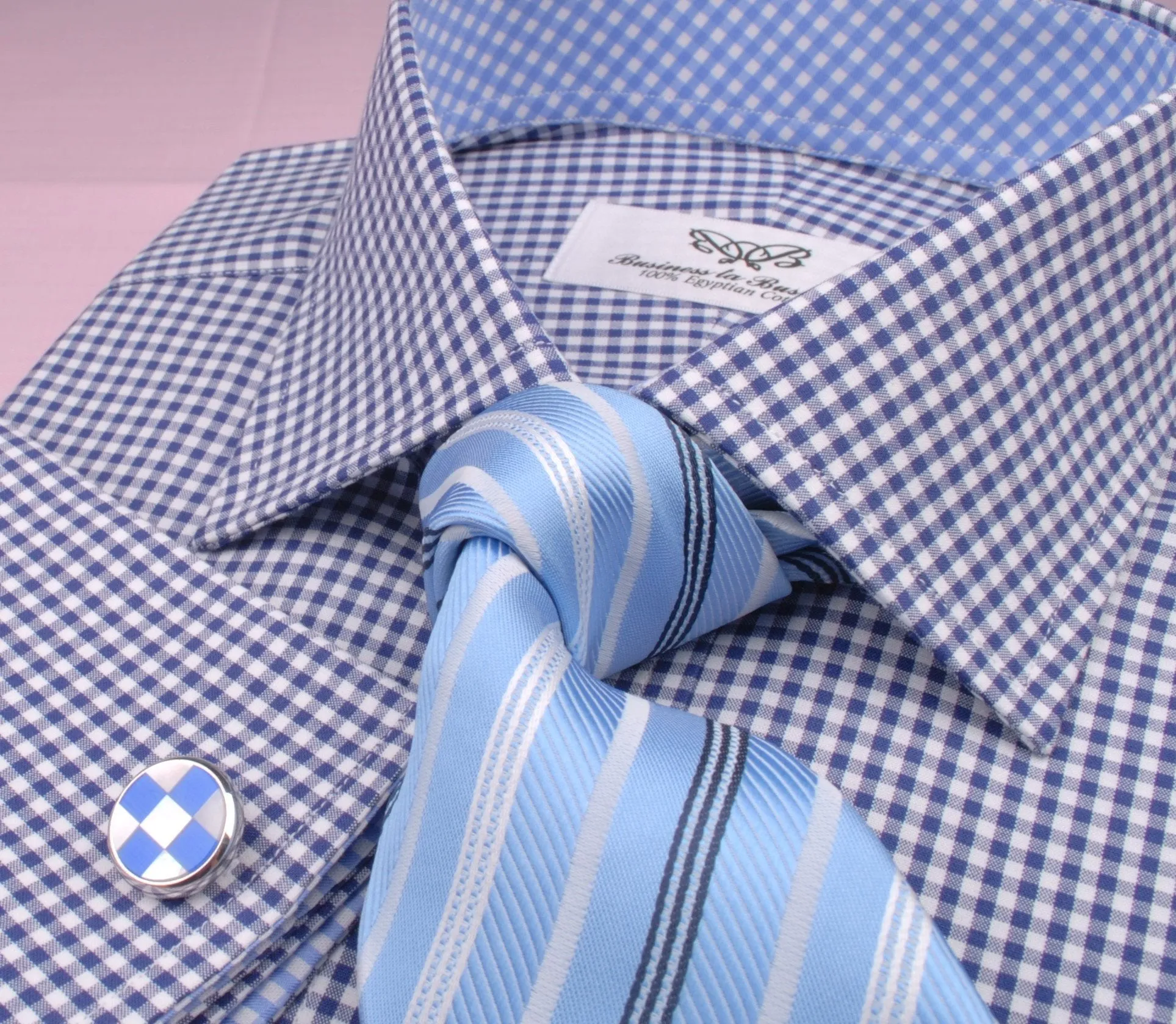 Small Mini Navy Blue Gingham Check Formal Business Dress Shirt with Light Checkered Inner-Lining