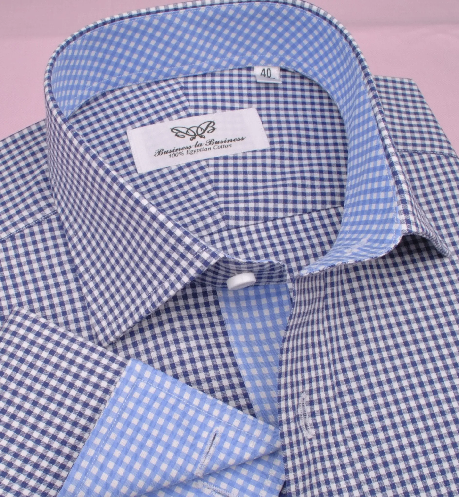 Small Mini Navy Blue Gingham Check Formal Business Dress Shirt with Light Checkered Inner-Lining