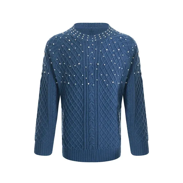 Solid Pearl Round Neck Knitted Sweater